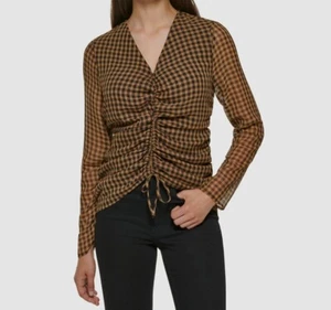 NEU Calvin Klein Damen XS braun kariertes Hemd gerafft Langarm Bluse Oberteil - Bild 1 von 3