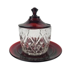 Anchor Hocking Royal Ruby Marmalade Set Jelly Jar Lid Underliner Plate Vintage - Picture 1 of 7