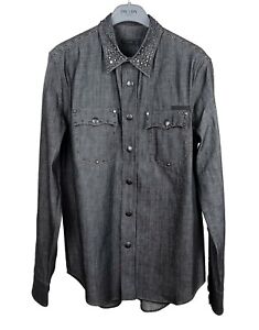 PRADA Men's Studded Black Raw Denim Cowboy Western Shirt IT39/US15.5 NWT