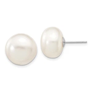 10k White Gold 12-13mm White Button Freshwater Cultured Pearl Stud Post Earrings - Picture 1 of 4