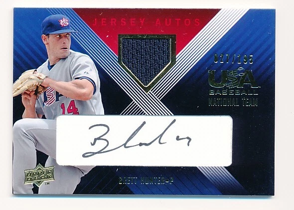 BRETT HUNTER 2008 UPPER DECK USA BASEBALL #BHE-10 SP JERSEY PATCH AUTO #027/195 - Image 1 of 2