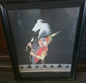 Framed Print Comanche Artist and Musician with White Horse By Doc Tate Nevaquaya - Picture 1 of 6