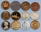 12 LARGE MEDALS / MEDALLIONS. VARIOUS METALS.  35.2 - 40.1 mm DIAMETER. JOB LOT.