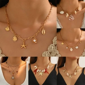 Starfish Charm Pearl Pendant Necklace Boho Seashell Choker Jewelry - Picture 1 of 23