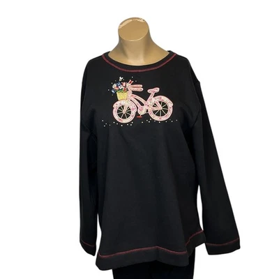 Moletom Quacker Factory feminino grande preto rosa bicicleta flores novo com etiquetas L 14/16 - Imagem 1 de 4