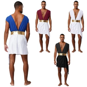 Mens Ancient Greek Clubwear Costumes Color Block Robe Tunic Fancy Dress Adult - Picture 1 of 59