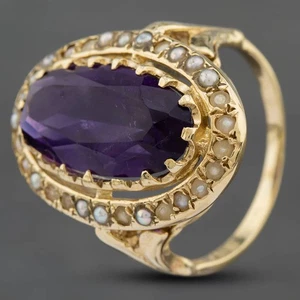 Second Hand 9ct Yellow Gold Amethyst & Seed Pearl Large Oval Cluster Ring 411... - Picture 1 of 2