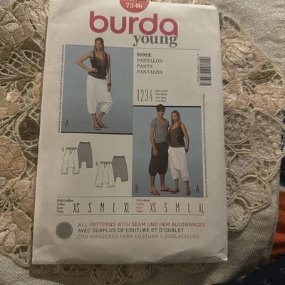 Burda Young 7546 Sewing Pattern Sz US XS-XL Unisex Loose Fitting Pants UNCUT FF - Image 1 of 4