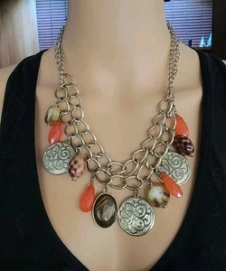 NY Orange Chunky Boho Bib Statement Necklace Animal - Picture 1 of 8