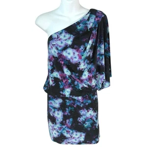 Jessica Simpson One Shoulder Mini Dress Sz Med Watercolor Print Blue Stretchy - Picture 1 of 18