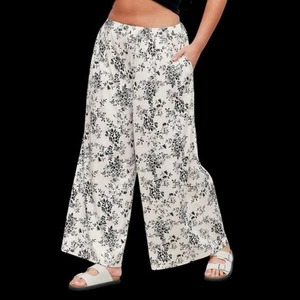 Pantalones de sidra de pierna ancha negros florales cintura elástica marfil con bolsillos talla 1X #162 - Imagen 1 de 14