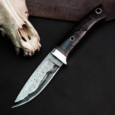 Gift-Ready 8.7" Damascus / Steel Knife Full Tang Hunt it Hunt + Leather Sheath - Image 1 of 4