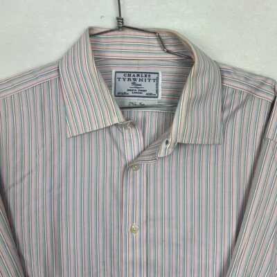 Camisa Charles Tyrwhitt Hombre 16.5 Rosa Azul Rayas Manga Larga Abotonada Grande L Foto 1 de 4