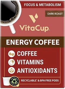 VitaCup Energy Dark Roast Coffee Pods, Boost Focus & Metabolism 16 Ct Keurig - Picture 1 of 1