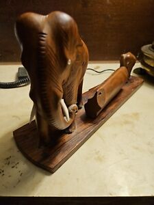13x7 hand Carved Exotic Wood Elephant with calf pulling a log Signed