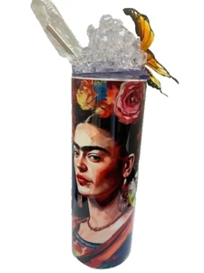 Frida Kahlo Travel Tumbler Mature Face with Butterfly Ice Topper Steel Straw - Bild 1 von 15