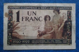 1920 NICE (FRANCE) CHAMBER OF COMMERCE CIRCULATED 1 FRANC BANKNOTE - Picture 1 of 2