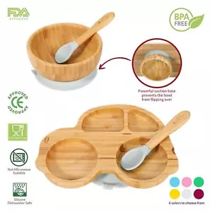 Vinsani Bamboo Car Plate Bowl & Spoon Set Suction Bowl Stay-Put Design for Kids - Picture 1 of 67