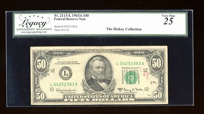 DBR 1963-A $50 FRN San Francisco Fr. 2113-L Legacy 25 Serial L04252383A - Image 1 of 2