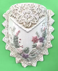 Vintage Large 8” Wall Pocket Envelope Vase Ceramic Flowers Lace Pastel Colors - Picture 1 of 9