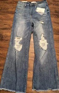 Risen Jeans Juniors High Rise Frayed Dad Jean Distressed Jeans Dark Blue 11/30w - Picture 1 of 10