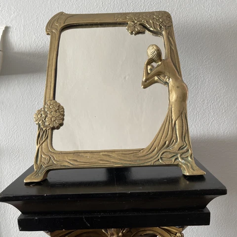 Vintage Art Nouveau Brass Lady In The Mirror Picture Frame Tree Flowers Art Deco Cover