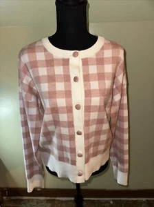 Nanette Lepore White and Pink Plaid Button Front Cardigan Women’s Size Large - Picture 1 of 9