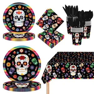 169PCS Day of the Dead Halloween Party Set - Plates, Cups, Napkins, Table Cover - Picture 1 of 20