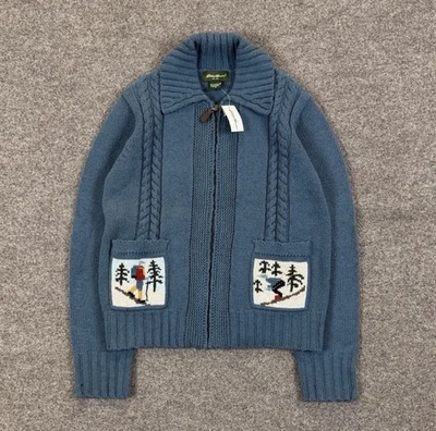 Cardigã suéter feminino vintage Eddie Bauer azul com zíper completo gola M esqui alpino - Imagem 1 de 4