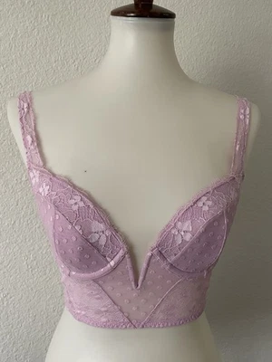 Victoria's Secret Bra Women Sz 32D Bustier Plunge Lace Polka Dot Purple Lingerie - Image 1 of 4