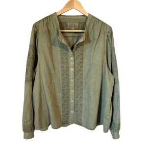 Overland Green Embroidered Button Down Top Shirt Linen Cotton Silk Boho XL - Picture 1 of 10