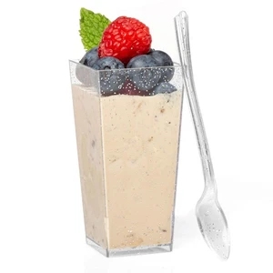 100 Mini Plastic Dessert Cups with Spoons - 3 oz Silver Glitter Dessert Shooters - Picture 1 of 7