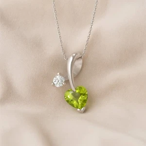 Heart Shape Peridot &Diamond Pendant 925 Sterling Silver August Birthstone #1015 - Picture 1 of 7