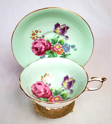 Vintage Paragon Bone China Tea Cup Mint Green w/Rose & Tulip Spray 1940's - Image 1 of 4