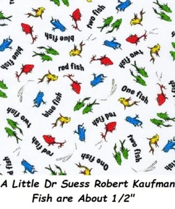 A Little Dr Seuss Small Print cotton quilt fabric Kaufman 20827-1 Fish on White - Picture 1 of 12