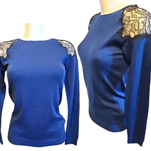VGC UK 8 Whistles blue cashmere mix fine knit jumper, lace panels, preppy chic - Picture 1 of 8