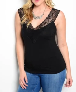 Black Vee Lace Yoke Sleeveless Sweetheart Neckline Top Blouse Plus 2XL - Picture 1 of 2