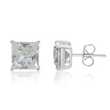 Princess Cut Square CZ Stud Earrings - Silver Plated with Rhodium Finish