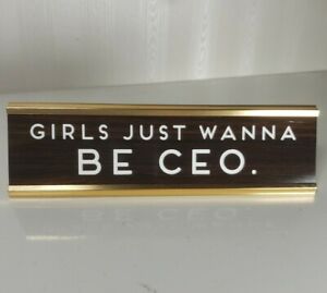 Office Envy Retro Desk Sign Engraved Girls Just Wanna Be CEO Brown Woodgrain GUC