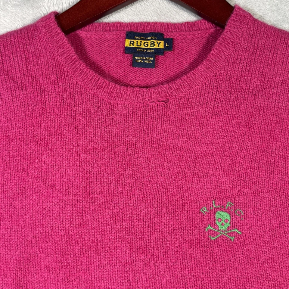 Suéter Ralph Lauren Rugby Mujer Grande Rosa Lana Cuello Redondo RLFC Calavera Pullover Foto 1 de 4