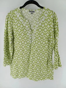 JM collection Tunic Top women's green/White 6 100% Linen V-Neck 3/4 Sleeve - Picture 1 of 10