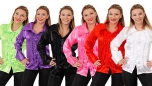 WOMENS 60s 70s DISCO RUFFLE SHIRTS ADULTS FANCY DRESS COSTUME FRILLY TOP - Picture 1 of 11