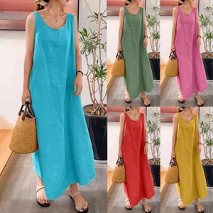 Summer Maxi Dress Crew Neck Plain Cotton Linen Tank Dress Casual Loose Sundress - Picture 1 of 24