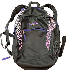 Jansport Black Backpack Pink Purple Animal Print, 5 Outer ZIP Pockets TYG6, BIG