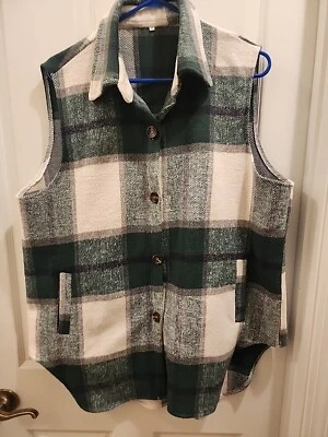 Camisa Chaleco de Franela a Cuadros para Mujer Invierno con Botones XL Verde Gris y Crema Nueva Foto 1 de 3