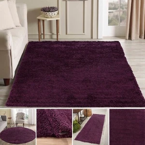 Modern Violet Purple Aubergine Small - Large Living Room Area Plain Shaggy Rug - Picture 1 of 7