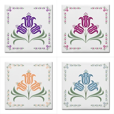 Art Deco Flowers Ceramic Tile Set Of 4 Tiles Backsplash  4.25 Inches - Image 1 of 4
