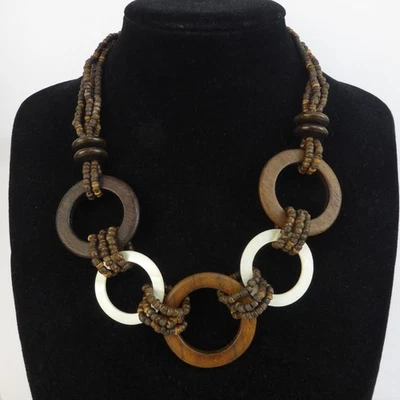 Brown Wooden Bead and Mother of Pearl Disc Statement Necklace 55cm - Image 1 of 4
