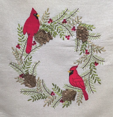 Decorative Christmas Pillow Cover Embroidered Cardinals Pinecone Wreath 15"sq - Image 1 of 4