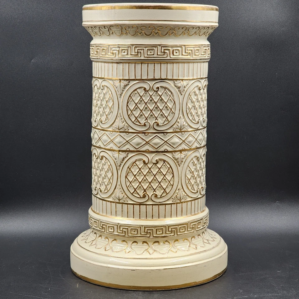 Pedestal Column Plant Stand 18" White with Gold Trim Greek Style Ceramic Vintage - Image 1 of 4
